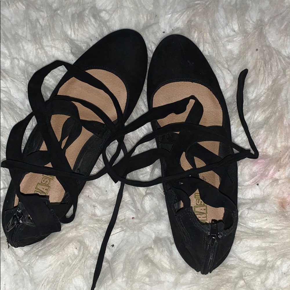 black suede strap up flats